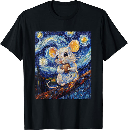 Cute Mouse Rat - Van Gogh Style - Starry Night Graphic T-Shirt - T-Shirt | Black