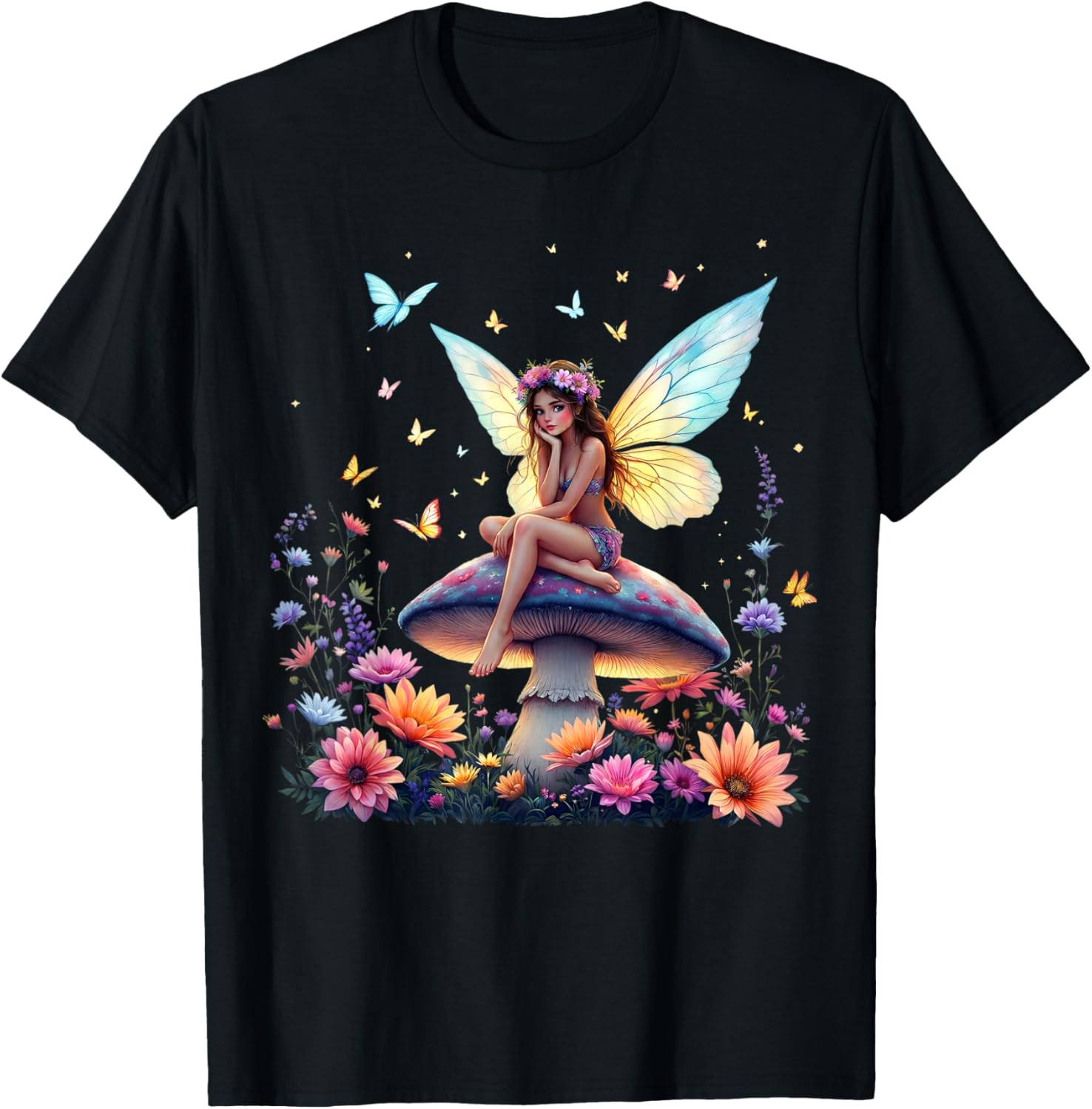 Whimsical Fairy Mushroom Floral Butterfly Fantasy T-Shirt - T-Shirt | Black