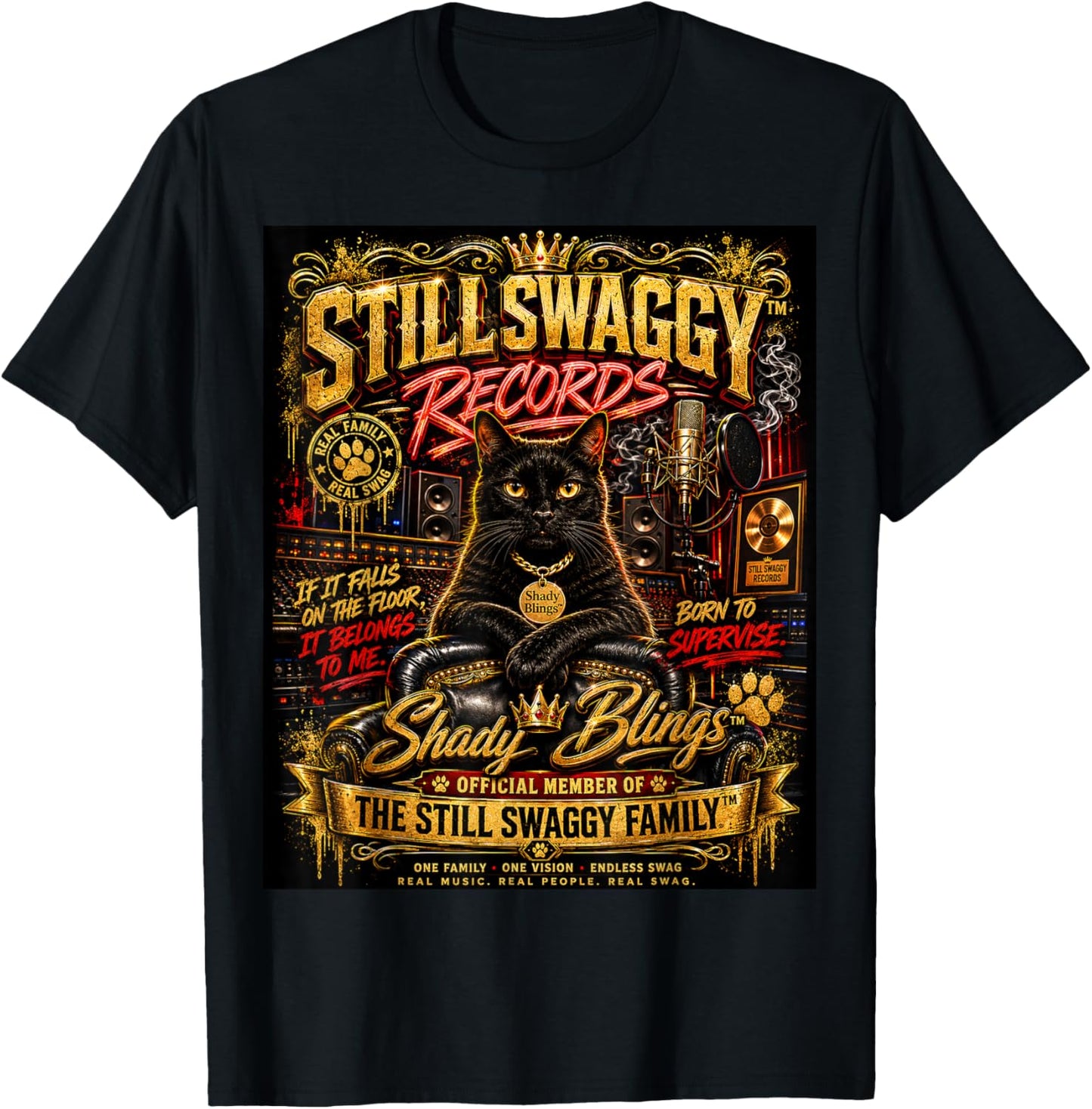 Shady Blings Still Swaggy Records Cat Family Graphic T-Shirt - T-Shirt | Black