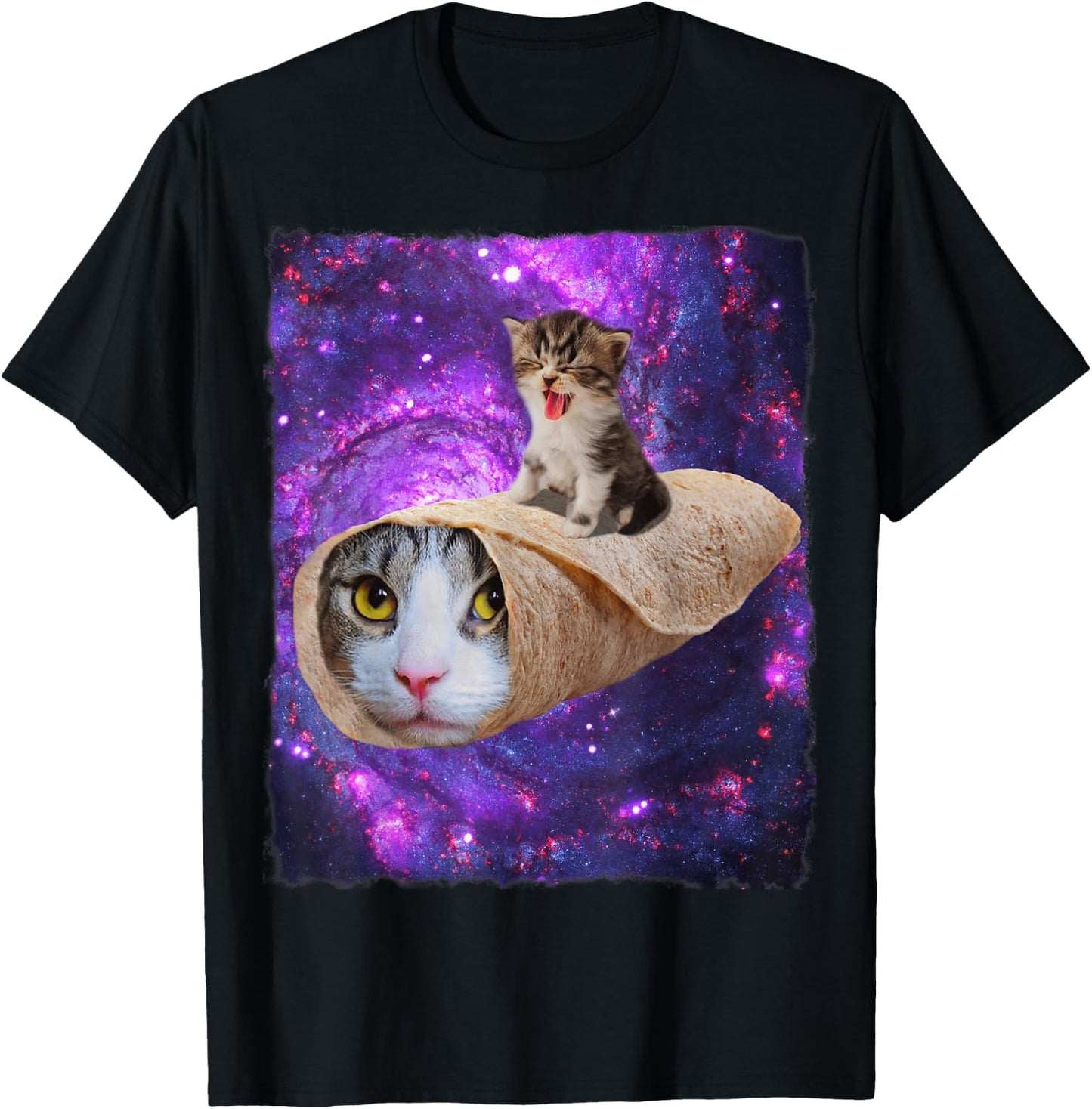 Cute Space Cat Kitty Riding A Burrito Cat In Outer Space T-Shirt - T-Shirt | Black
