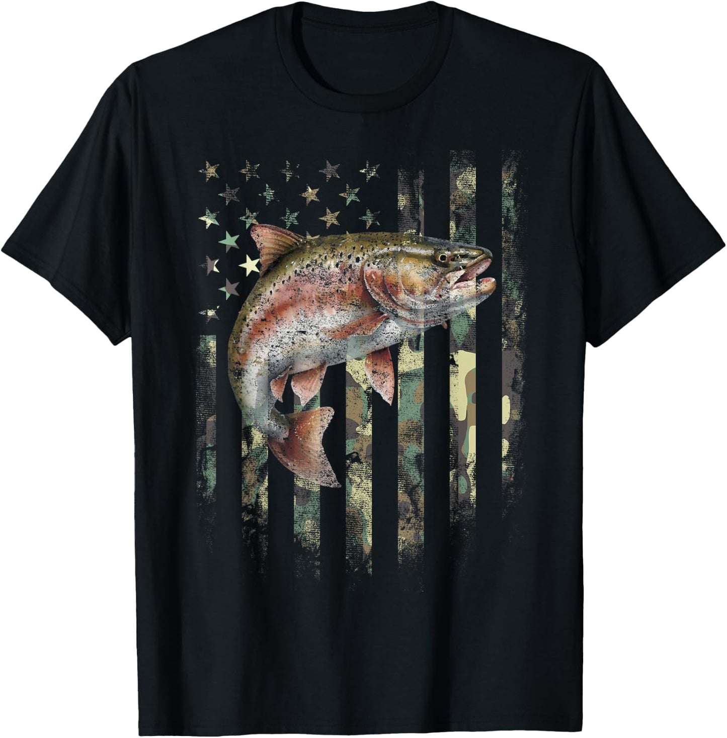 American USA Flag Rainbow Trout Fishing Camo Camouflage T-Shirt - T-Shirt | Black
