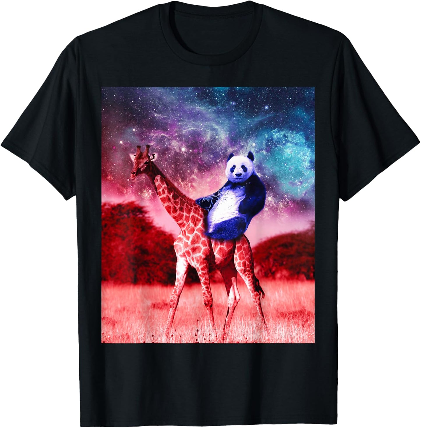 Trippy Panda Riding Giraffe In Space T-Shirt - T-Shirt | Black