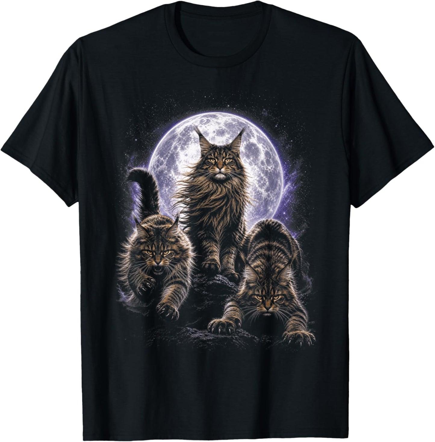 Wild Cats Maine Coon Full Moon Celestial Feline Lover T-Shirt - T-Shirt | Black