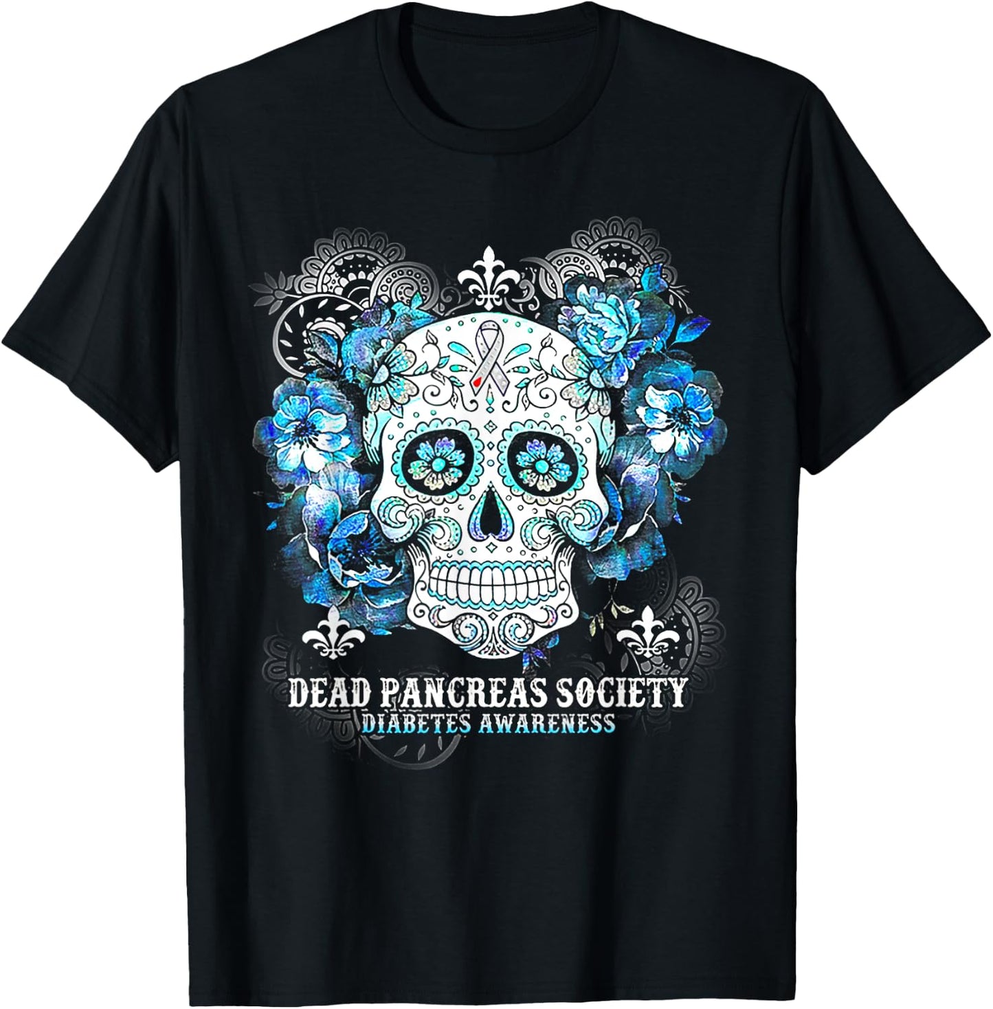 Dead Pancreas Society Diabetes Awareness Skull Flower T-Shirt - T-Shirt | Black