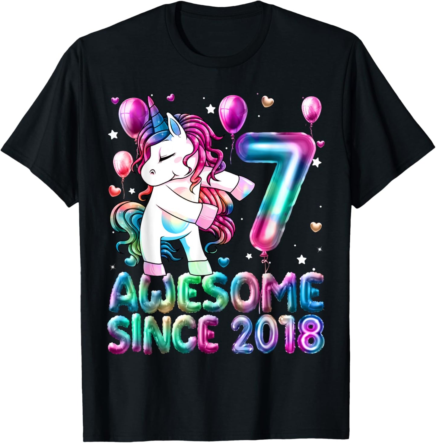 Flossing Unicorn 7 Year Old 7th Birthday Girl Unicorn Party T-Shirt - T-Shirt | Black