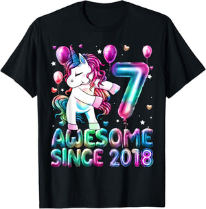 Flossing Unicorn 7 Year Old 7th Birthday Girl Unicorn Party T-Shirt - T-Shirt | Black