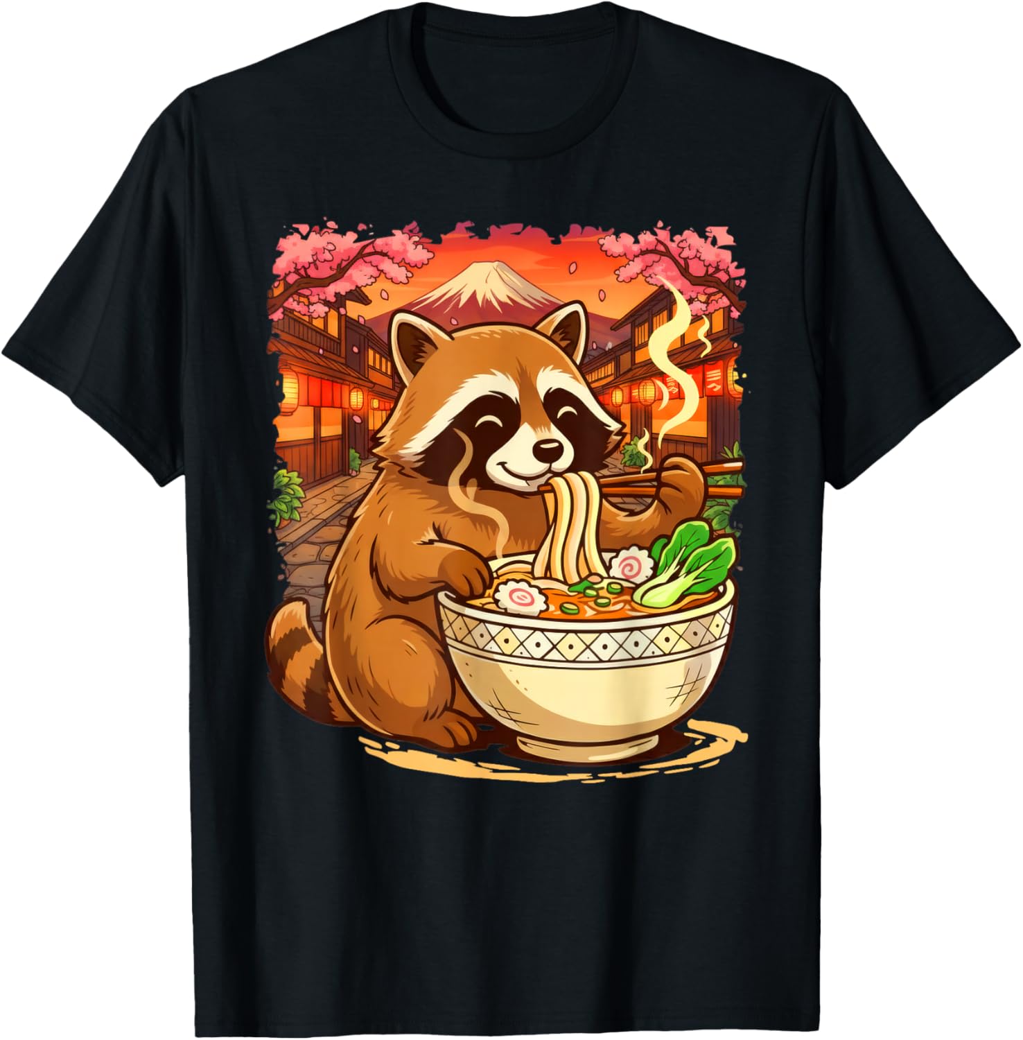 Funny Racoon Eating Ramen Japanese Kawaii Feral Anime Lovers T-Shirt - T-Shirt | Black