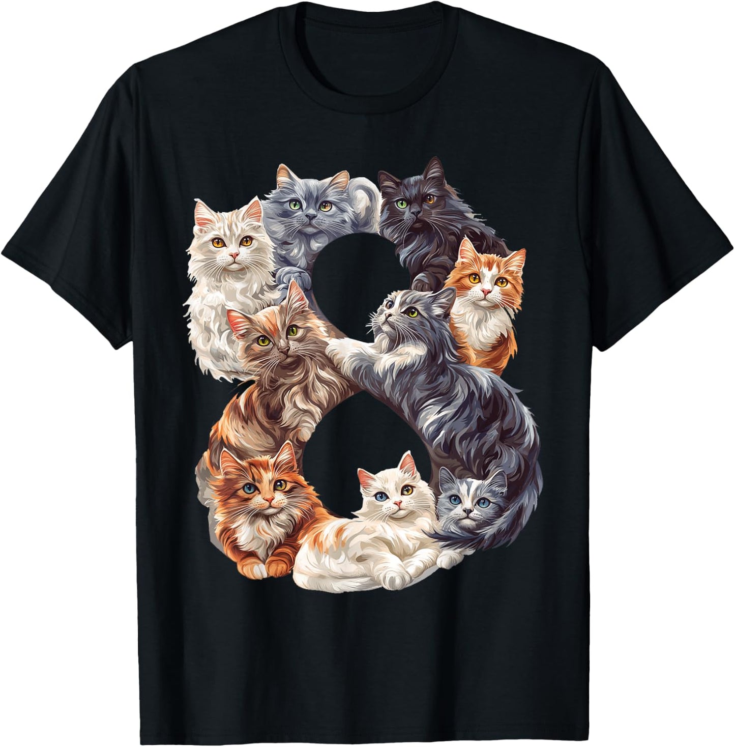 Fun 8th Birthday Kittens Cats Themed 8 Year Old Kids Girls T-Shirt - T-Shirt | Black