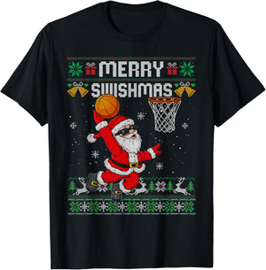 Merry Swishmas Ugly Christmas Sweater Funny Basketball Santa T-Shirt - T-Shirt | Black