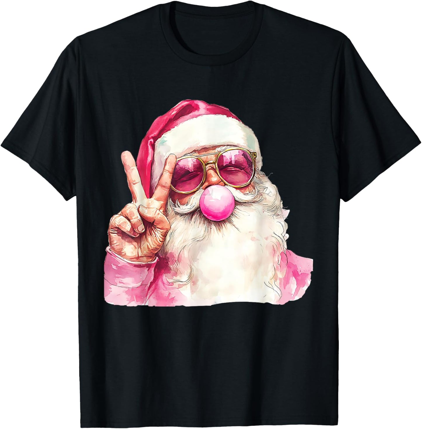 Cute Santa Christmas Blowing Bubble Gum With Pink Sunglasses T-Shirt - T-Shirt | Black