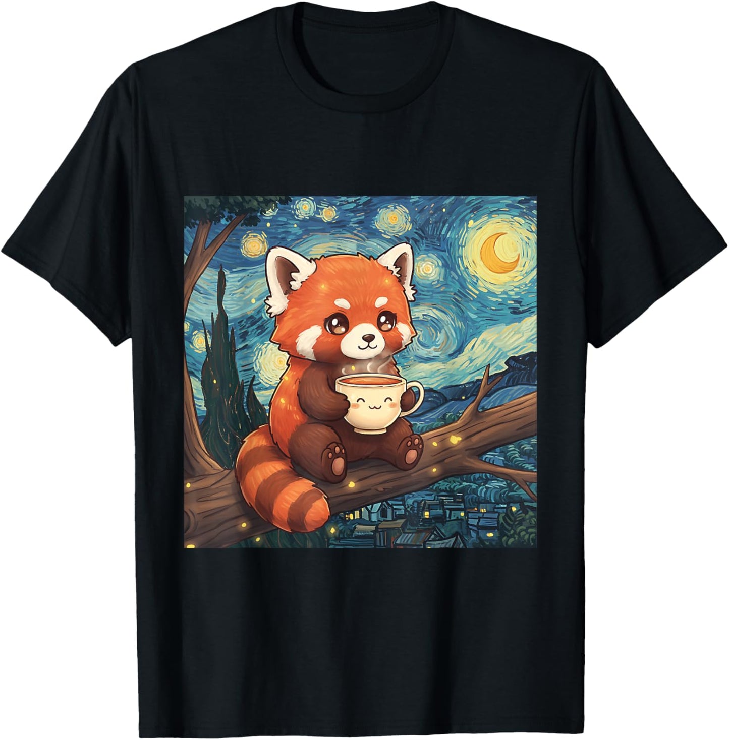Fluffy Red Panda Holding Tea Cup Van Gogh Starry Night Art T-Shirt - T-Shirt | Black