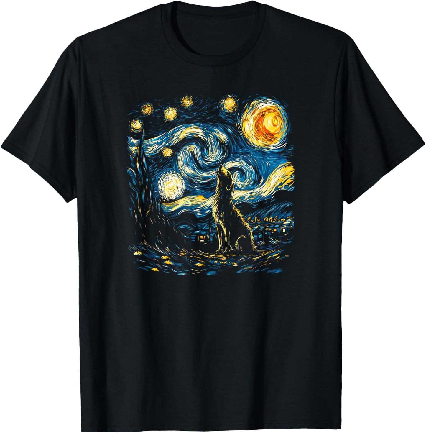 Wolf Starry Night Howling Moon Funny Van Gogh Graphic T-Shirt - T-Shirt | Black