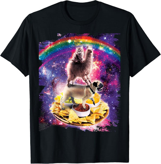 Space Cat Llama Pug Riding Nachos T-Shirt - T-Shirt | Black