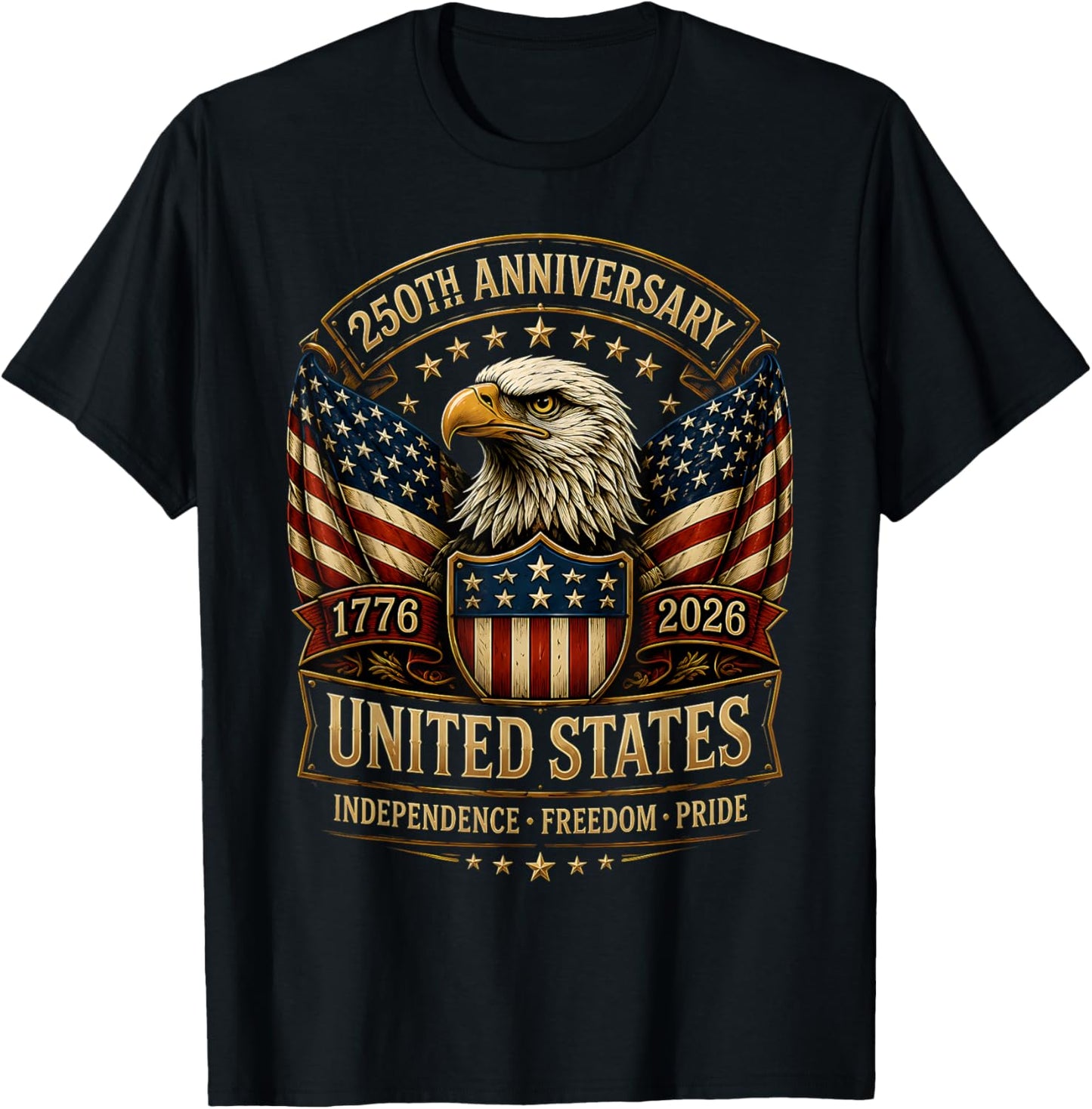 USA Independence 250th Anniversary 1776 2026 Patriotic Eagle T-Shirt - T-Shirt | Black