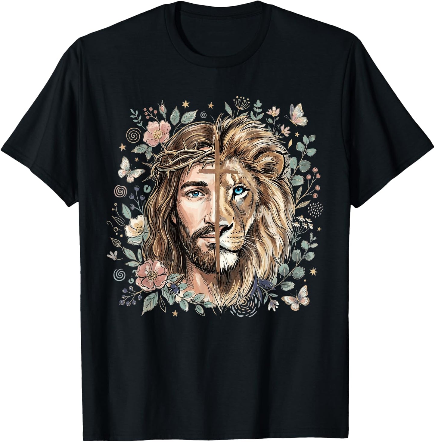 Lion of Judah Jesus Christian Cross Floral Faith Religious T-Shirt - T-Shirt | Black