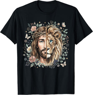 Lion of Judah Jesus Christian Cross Floral Faith Religious T-Shirt - T-Shirt | Black