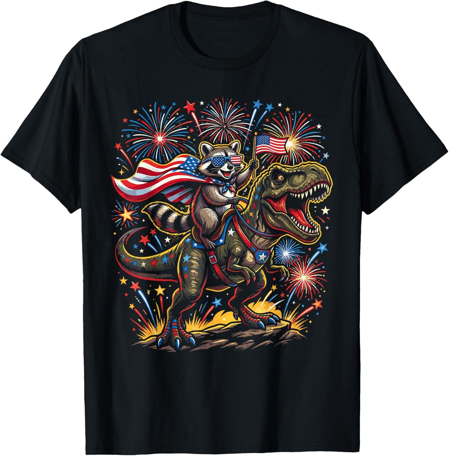 Funny 4th of July Shirts, Patriotic Raccoon Dinosaur T-Shirt - T-Shirt | Black