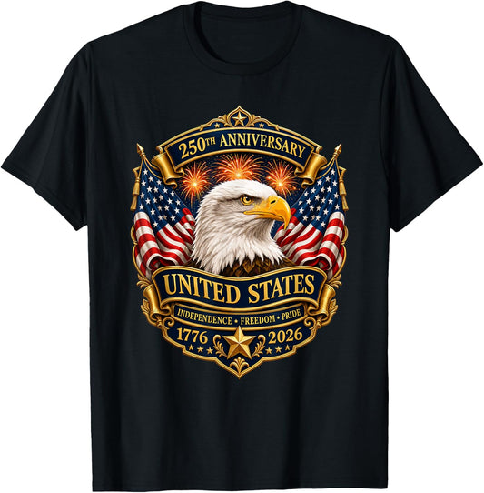 USA 250th Anniversary 4th July American Flag Eagle Semiquin T-Shirt - T-Shirt | Black