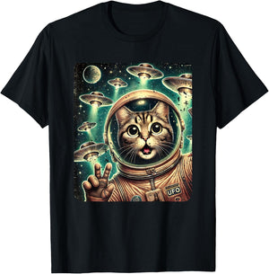 Space Cat Astronaut UFO Funny Sci-fi Alien Selfie T-Shirt - T-Shirt | Black