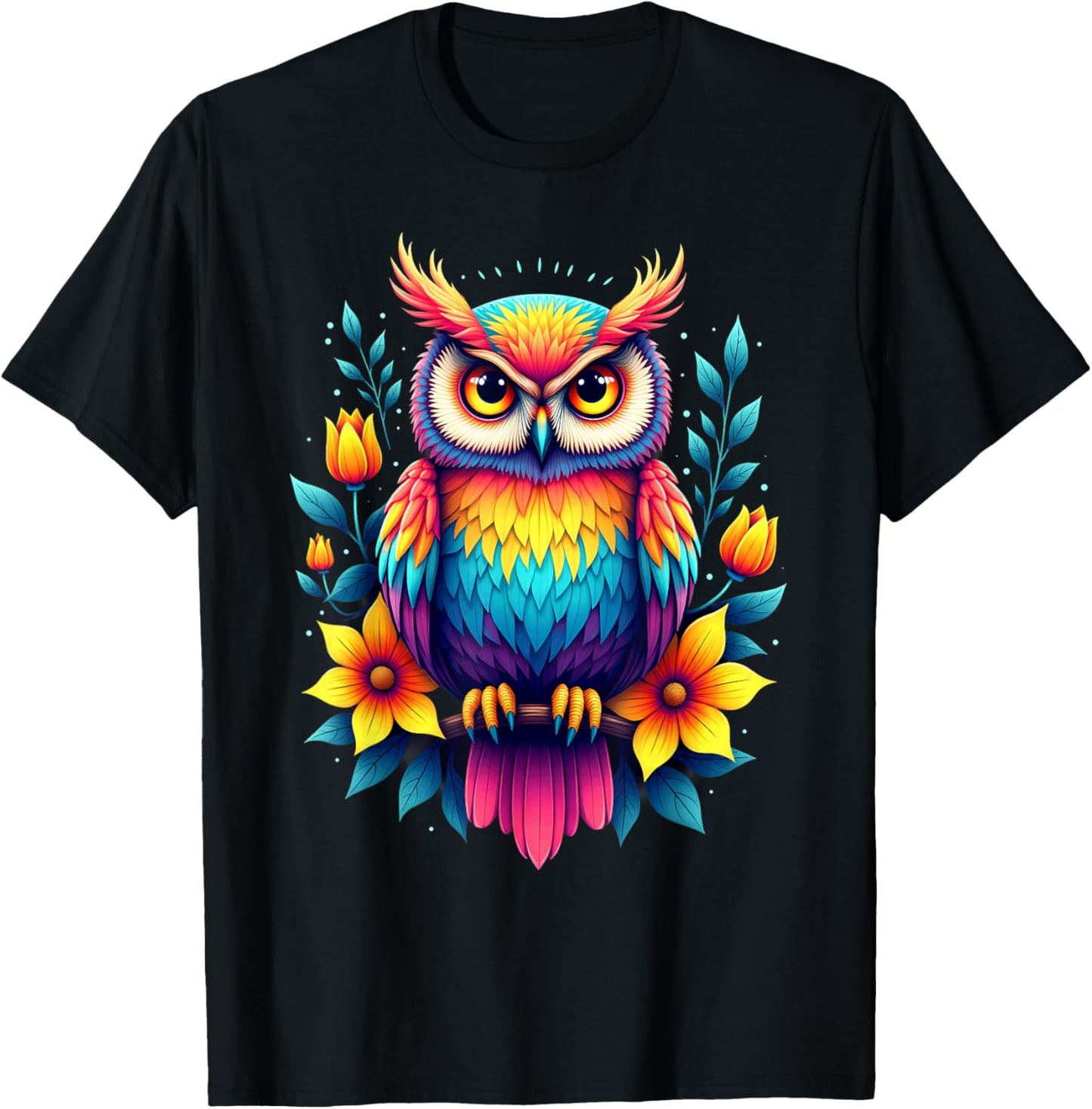 Hippie Tie Dye Sunflowers Owl T-Shirt - T-Shirt | Black
