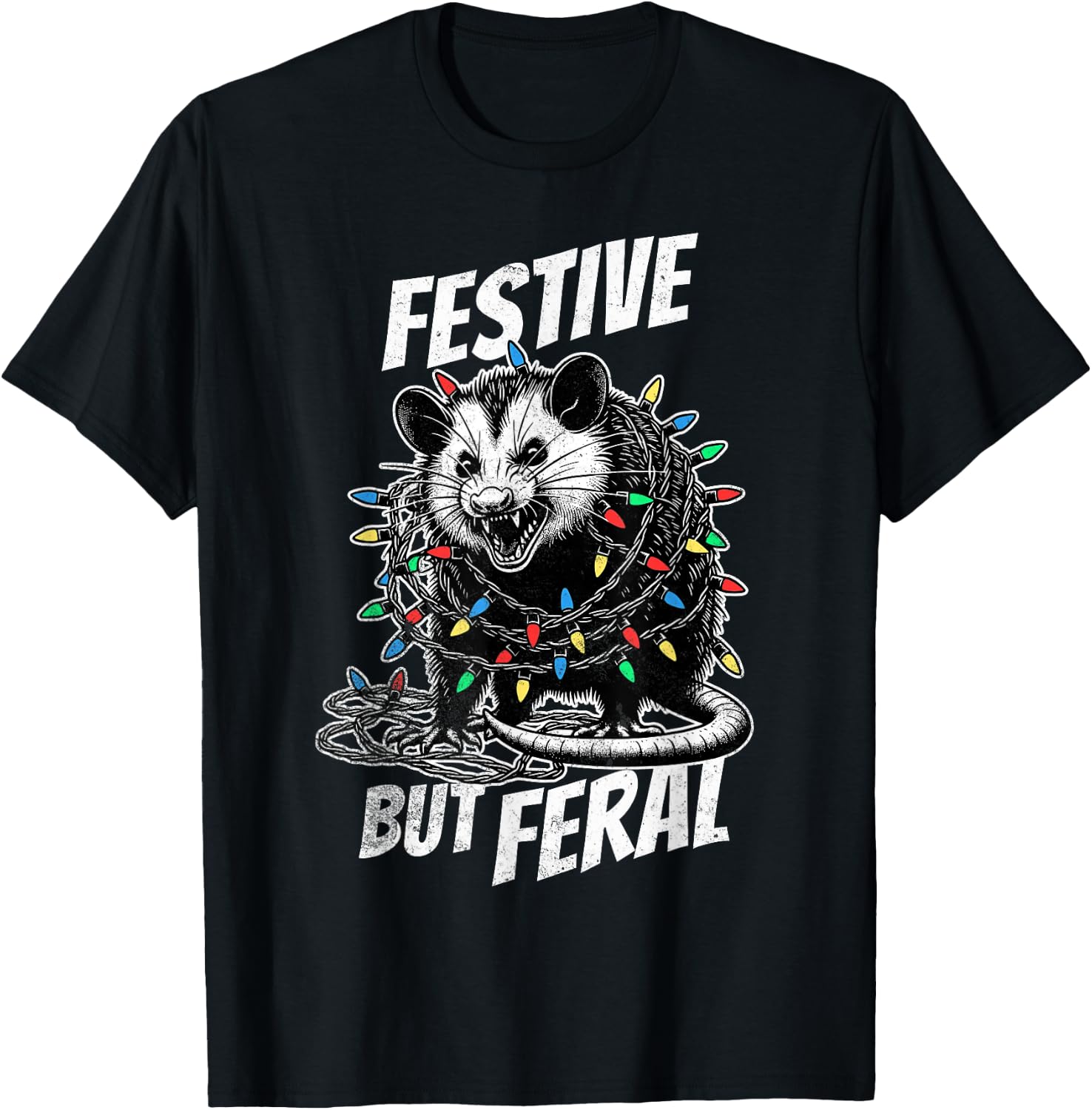 Sorry Santa I've Been Feral Festive Christmas Opossum T-Shirt - T-Shirt | Black