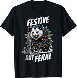 Sorry Santa I've Been Feral Festive Christmas Opossum T-Shirt - T-Shirt | Black