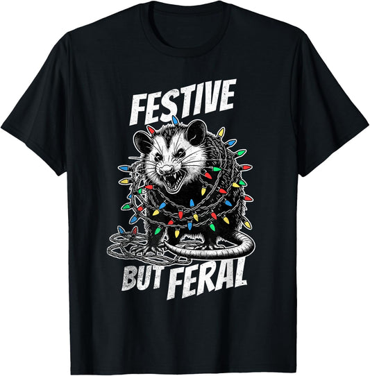 Sorry Santa I've Been Feral Festive Christmas Opossum T-Shirt - T-Shirt | Black