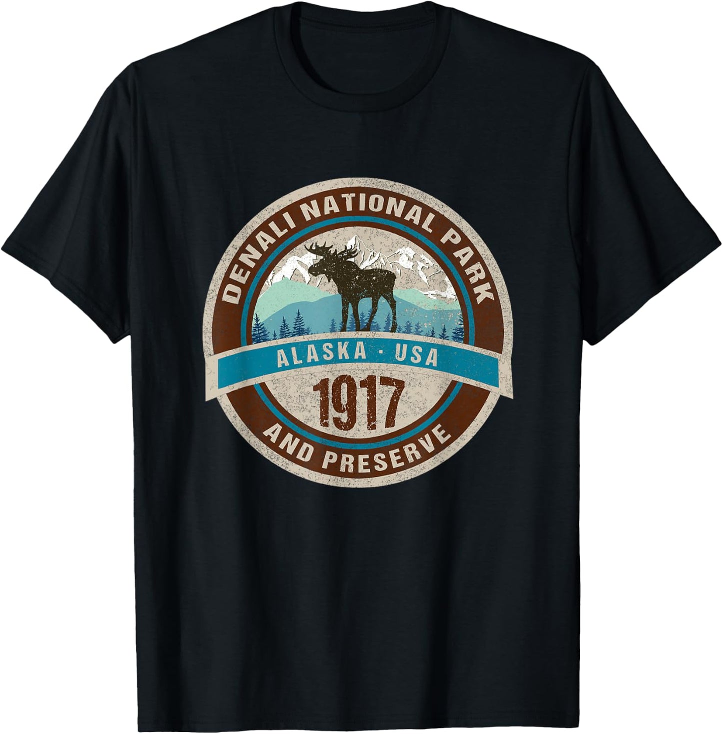 Denali National Park Alaska Vintage Moose Mountains Novelty T-Shirt - T-Shirt | Black