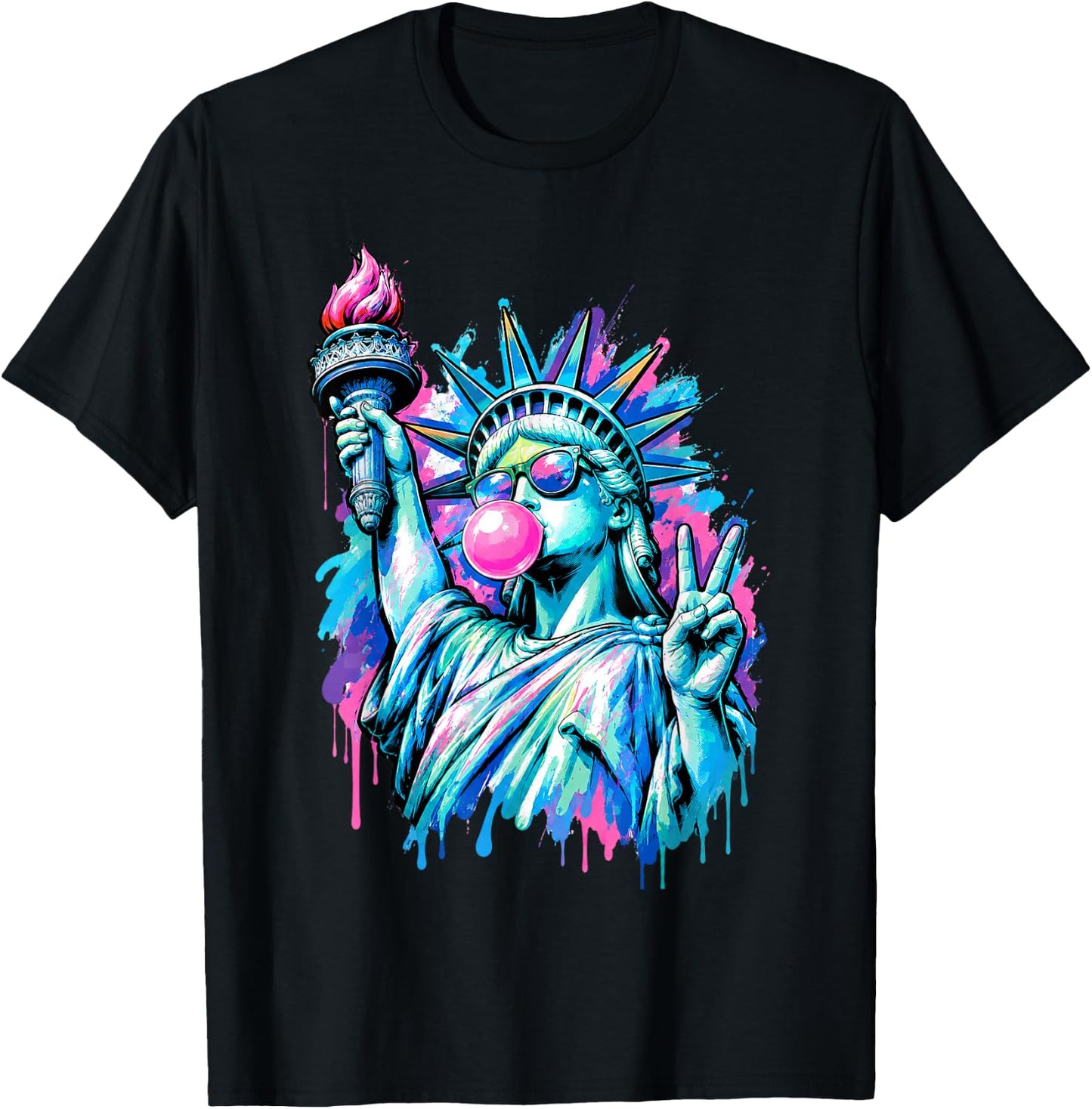 Funny Statue of Liberty Blowing Bubble Gum 4th of July Girl T-Shirt - T-Shirt | Black
