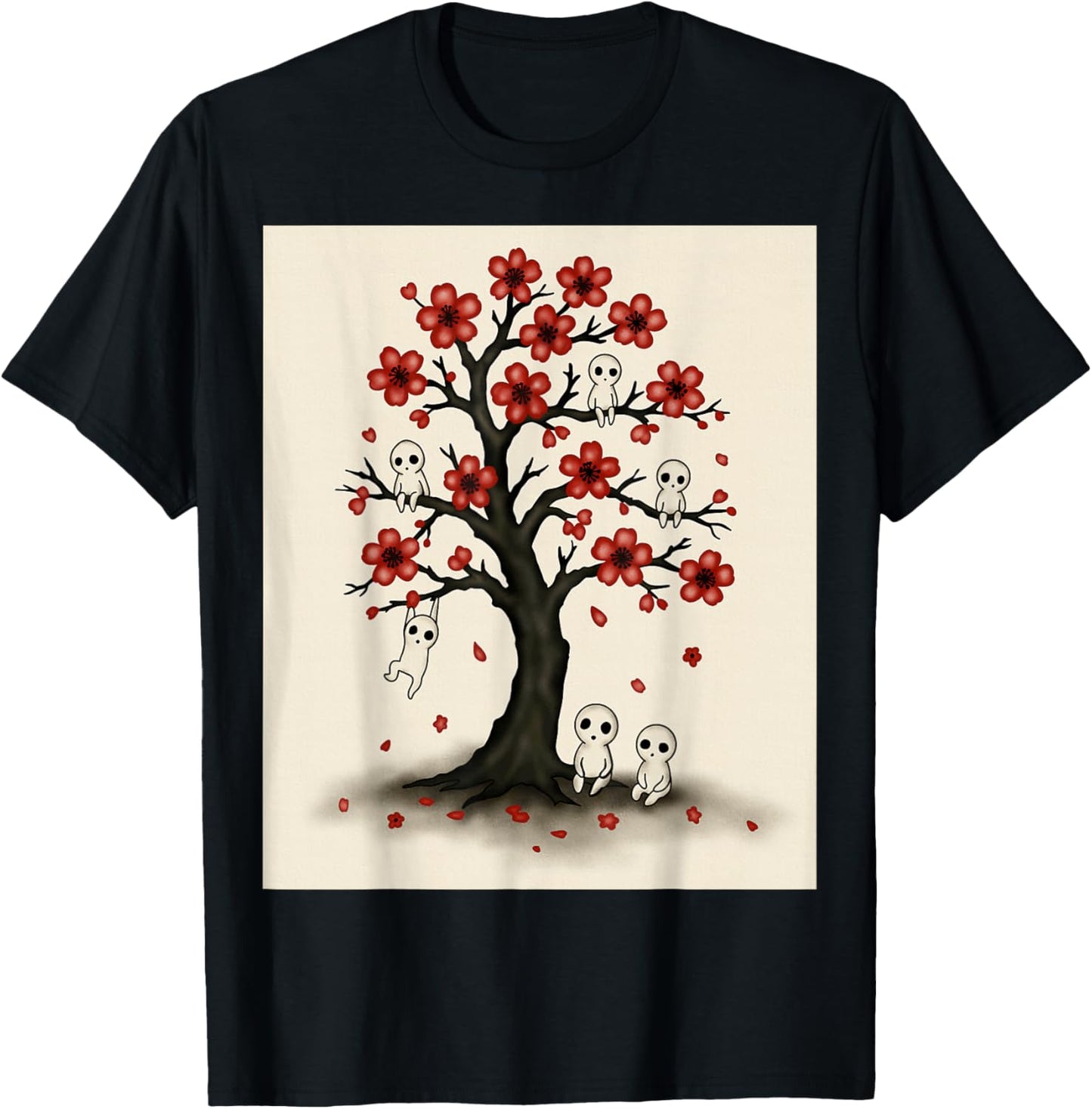 Cute Kodama Spirits in Sakura Red Blossom Tree Design T-Shirt - T-Shirt | Black
