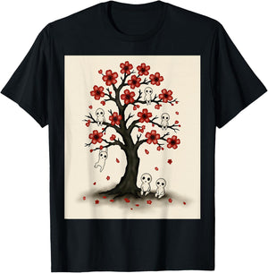 Cute Kodama Spirits in Sakura Red Blossom Tree Design T-Shirt - T-Shirt | Black