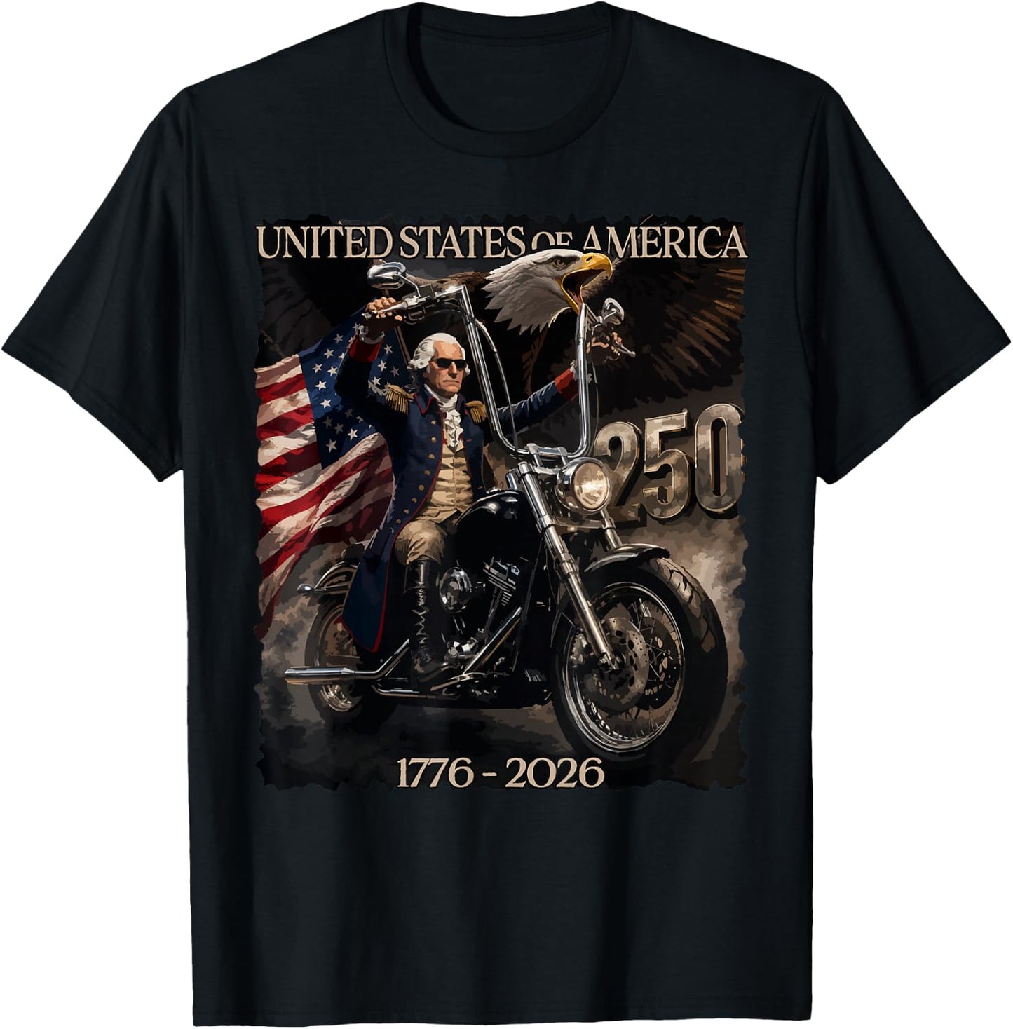 250 Years George Washington Riding a Motorcycle 1776-2026 T-Shirt - T-Shirt | Black
