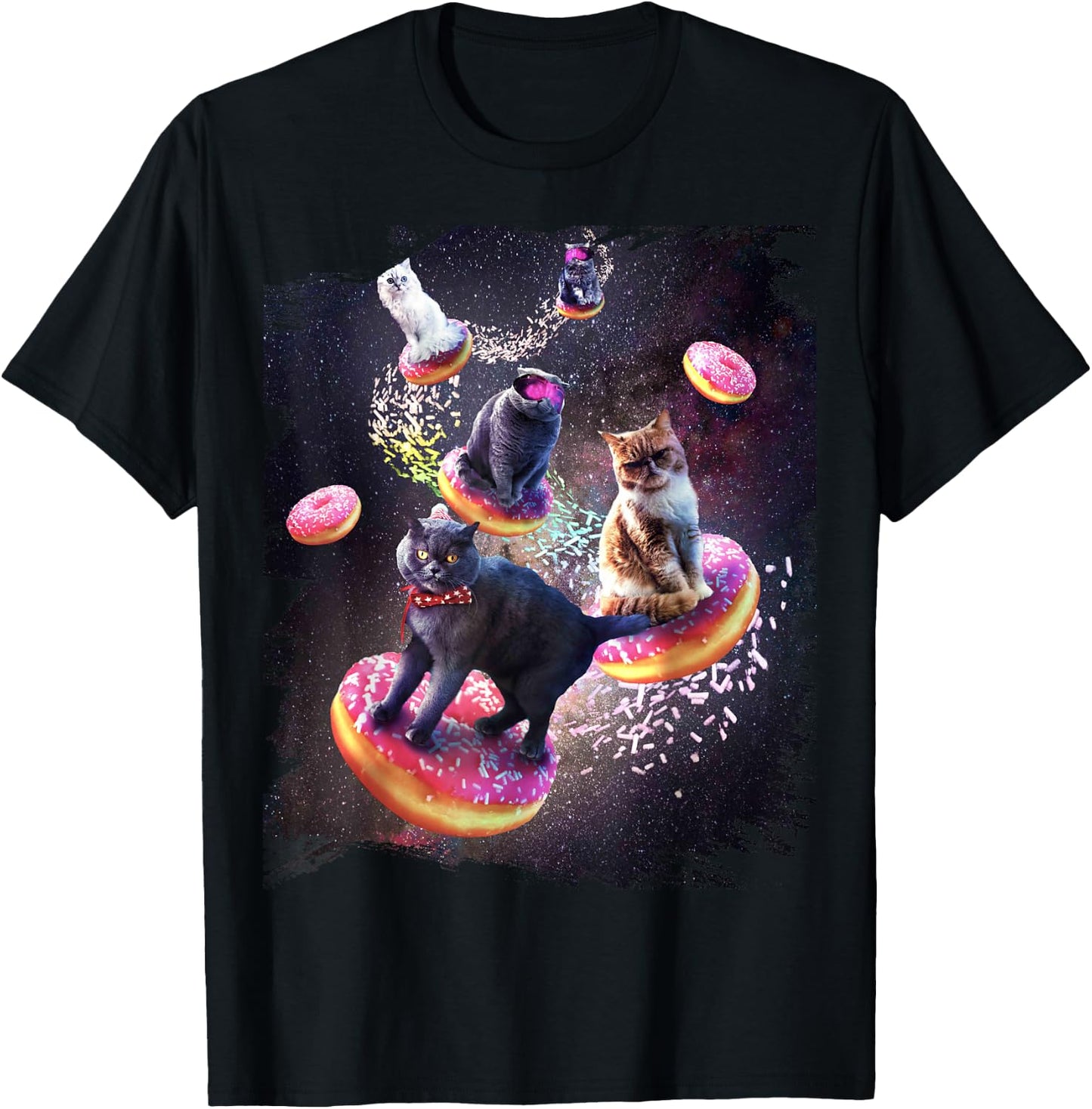 Galaxy Cat Donut - Space Cats Riding Doughnuts T-Shirt - T-Shirt | Black