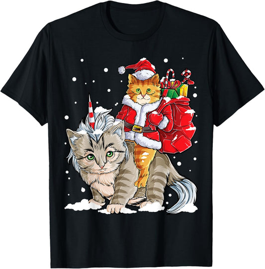 Cat Christmas Santa Caticorn Unicorn Meowy Catmas Xmas Girls T-Shirt - T-Shirt | Black