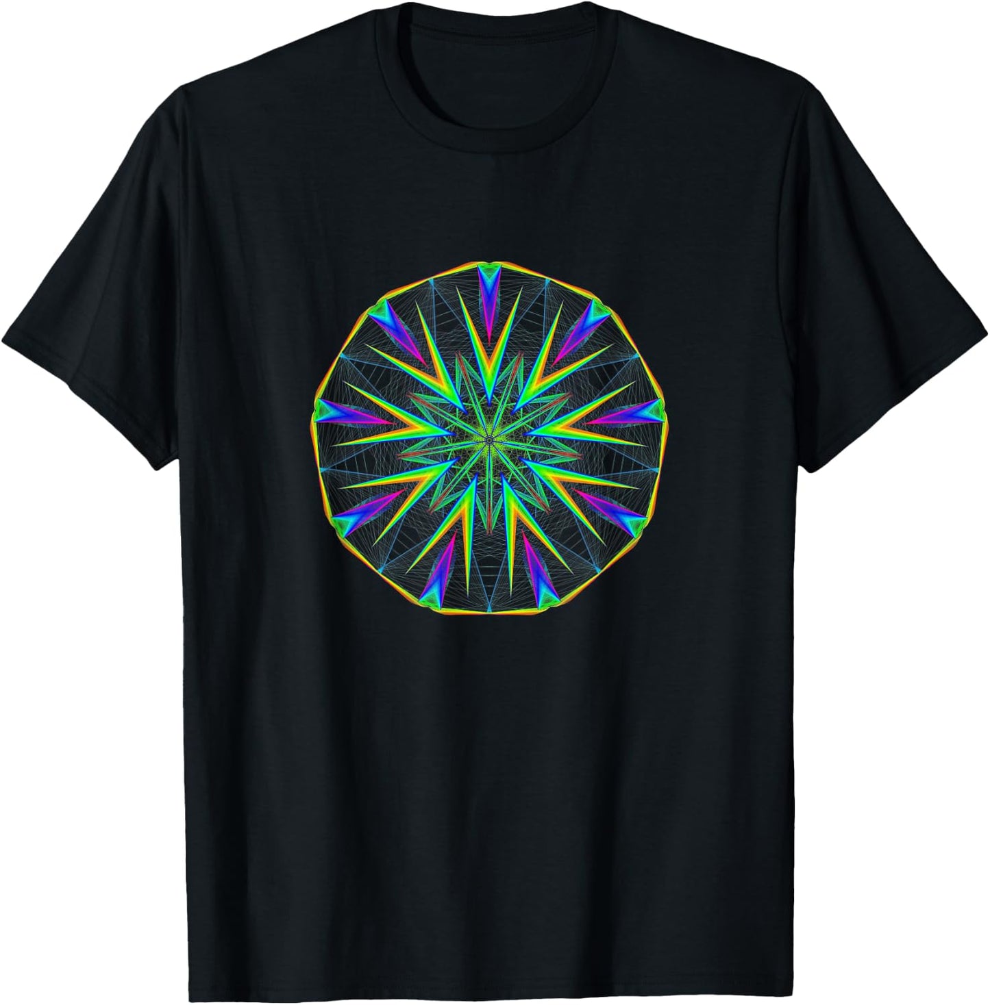 Bright Colors Angular Mandala Geometry Kaleidoscope Effect T-Shirt - T-Shirt | Black