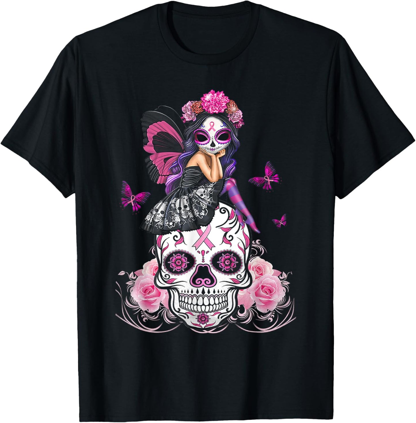 Cute Fairy Sugar Skull Breast Cancer Butterfly Pink Ribbon T-Shirt - T-Shirt | Black