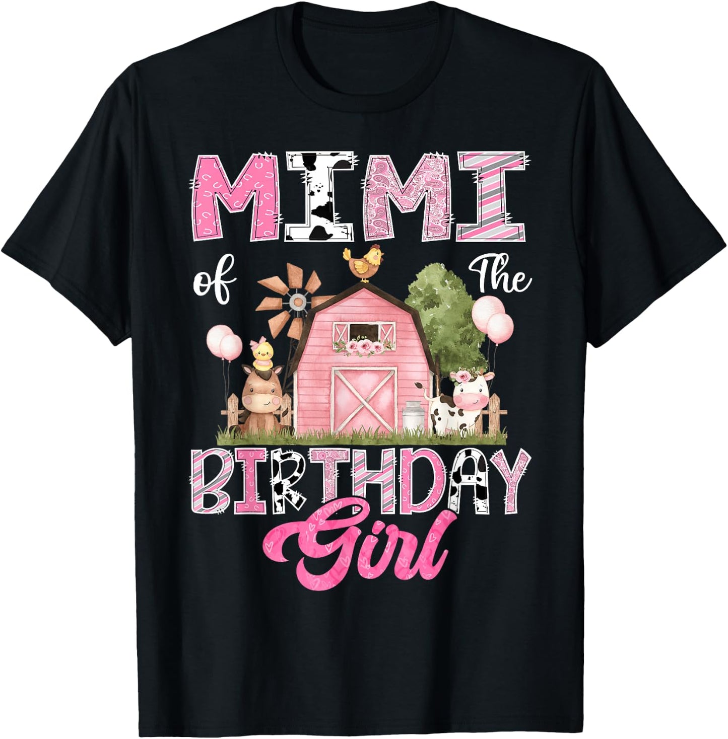 Mimi Of The Birthday Girl Farm Cow Pink 1St Birthday T-Shirt - T-Shirt | Black