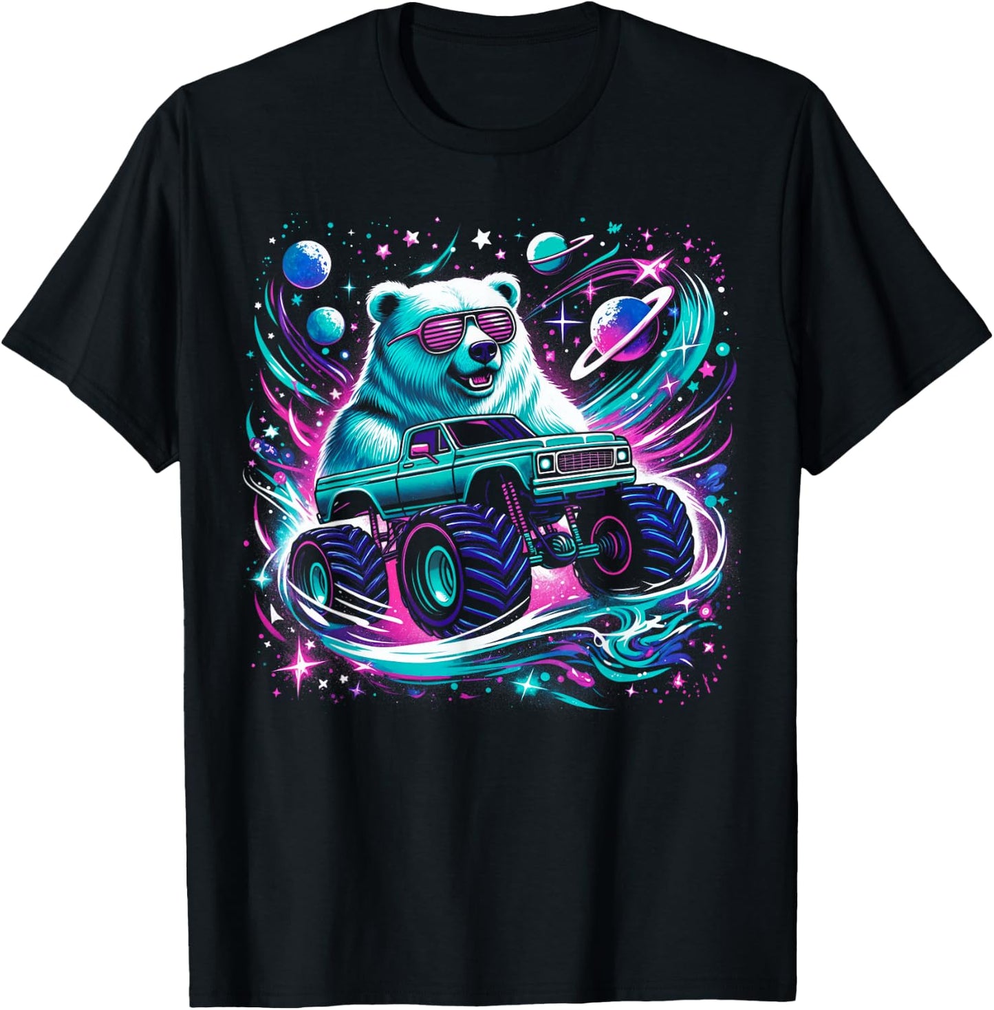 Cool Bear Driving Monster Truck in Cosmic Space T-Shirt - T-Shirt | Black