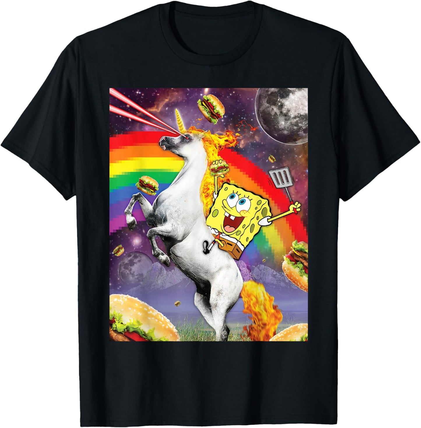 Spongebob SquarePants Unicorn Riding With Rainbow T-Shirt - T-Shirt | Black