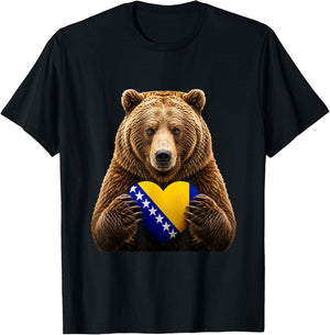 Bosnia Flag Heart Pride Country Heritage Bear Bosnian T-Shirt - T-Shirt | Black