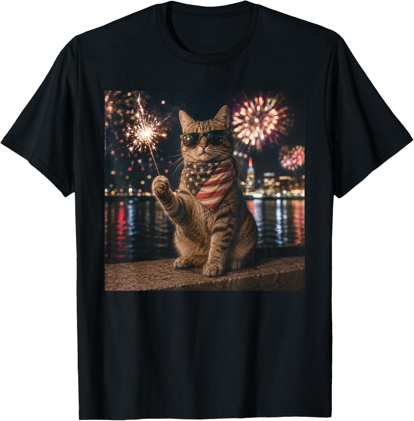 Funny Cat Fireworks Meme Patriotic 4th of July Cat Lovers T-Shirt - T-Shirt | Black