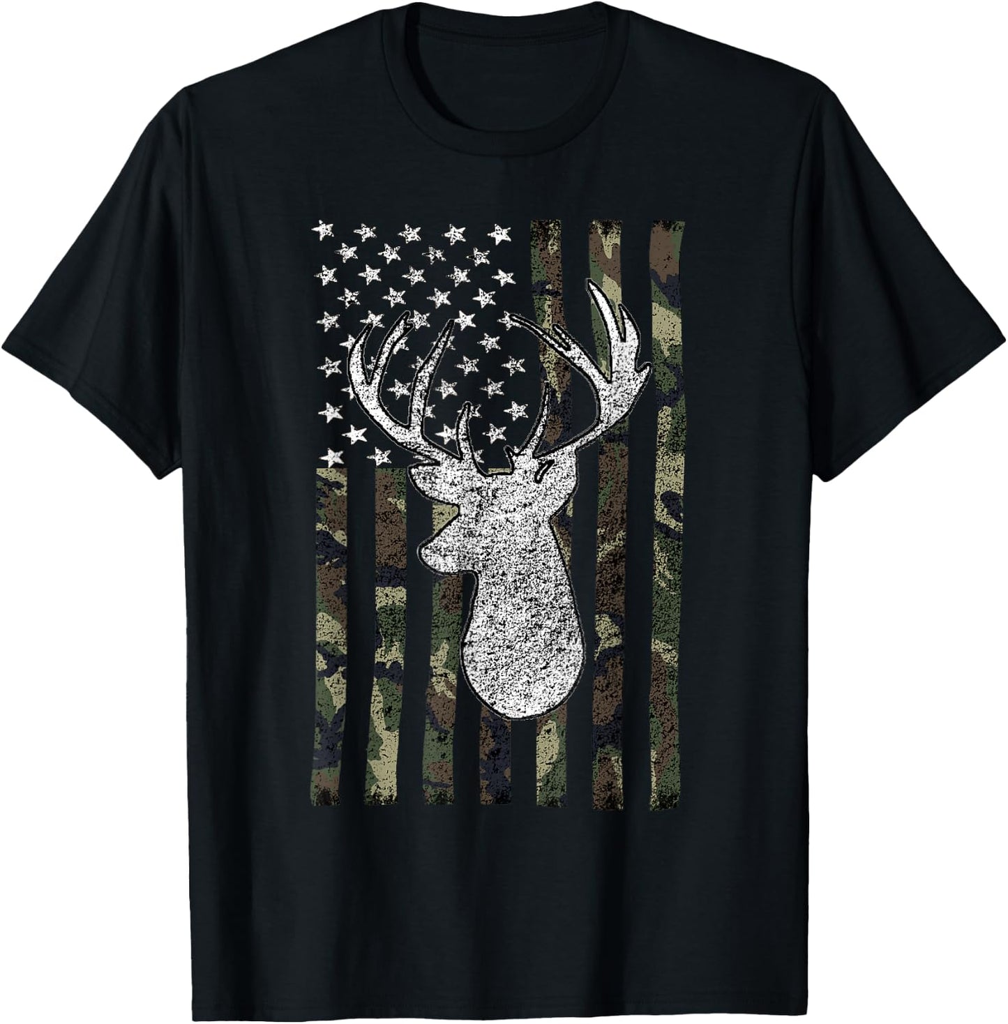 Whitetail Buck Deer Hunting American Camouflage USA Flag Short Sleeve T-Shirt - T-Shirt | Black