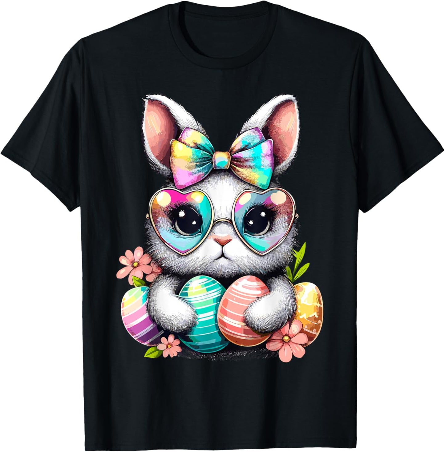 Easter Day Cute Rabbit Face Tie Dye Eggs Girls Bunny T-Shirt - T-Shirt | Black