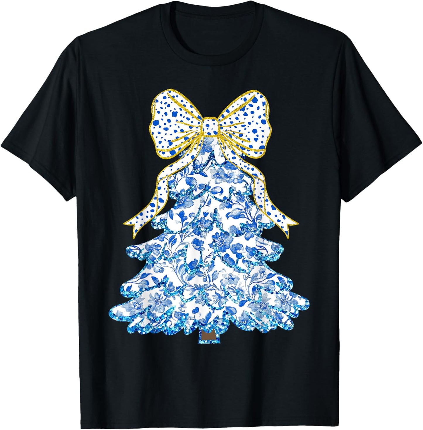 Blue Floral Coquette Bow Christmas Tree Chinoiserie Women T-Shirt - T-Shirt | Black