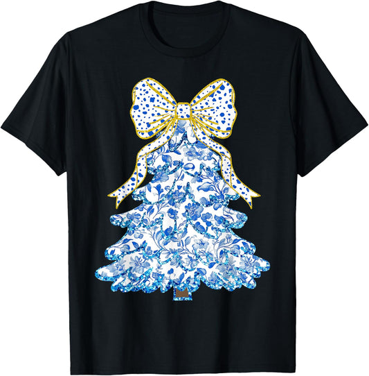 Blue Floral Coquette Bow Christmas Tree Chinoiserie Women T-Shirt - T-Shirt | Black