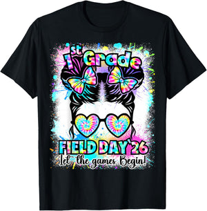 1st Grade Field Day 2026 Game Begin Messy Bun Teachers Kids T-Shirt - T-Shirt | Black