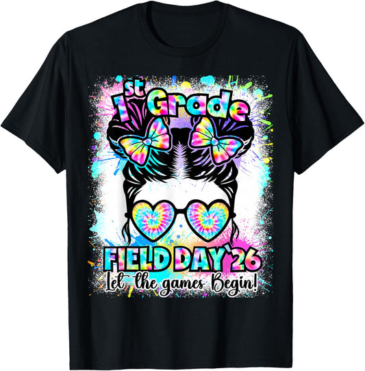 1st Grade Field Day 2026 Game Begin Messy Bun Teachers Kids T-Shirt - T-Shirt | Black