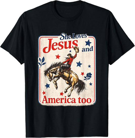 She Loves Jesus and America Too USA Flag 4th Fourth of July T-Shirt - T-Shirt | Black