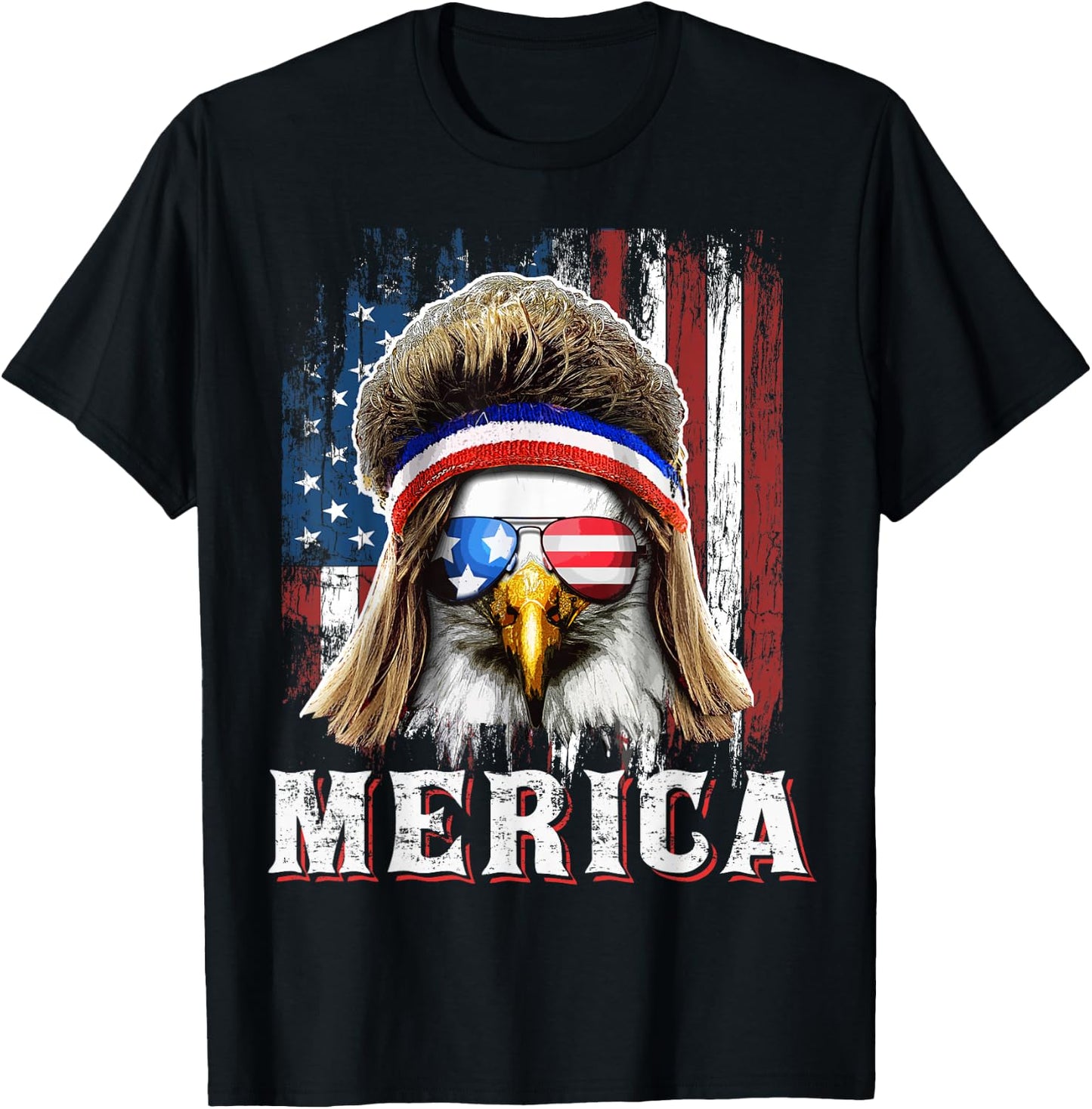 Merica Eagle Mullet 4th of July American Flag Stars Stripes T-Shirt - T-Shirt | Black