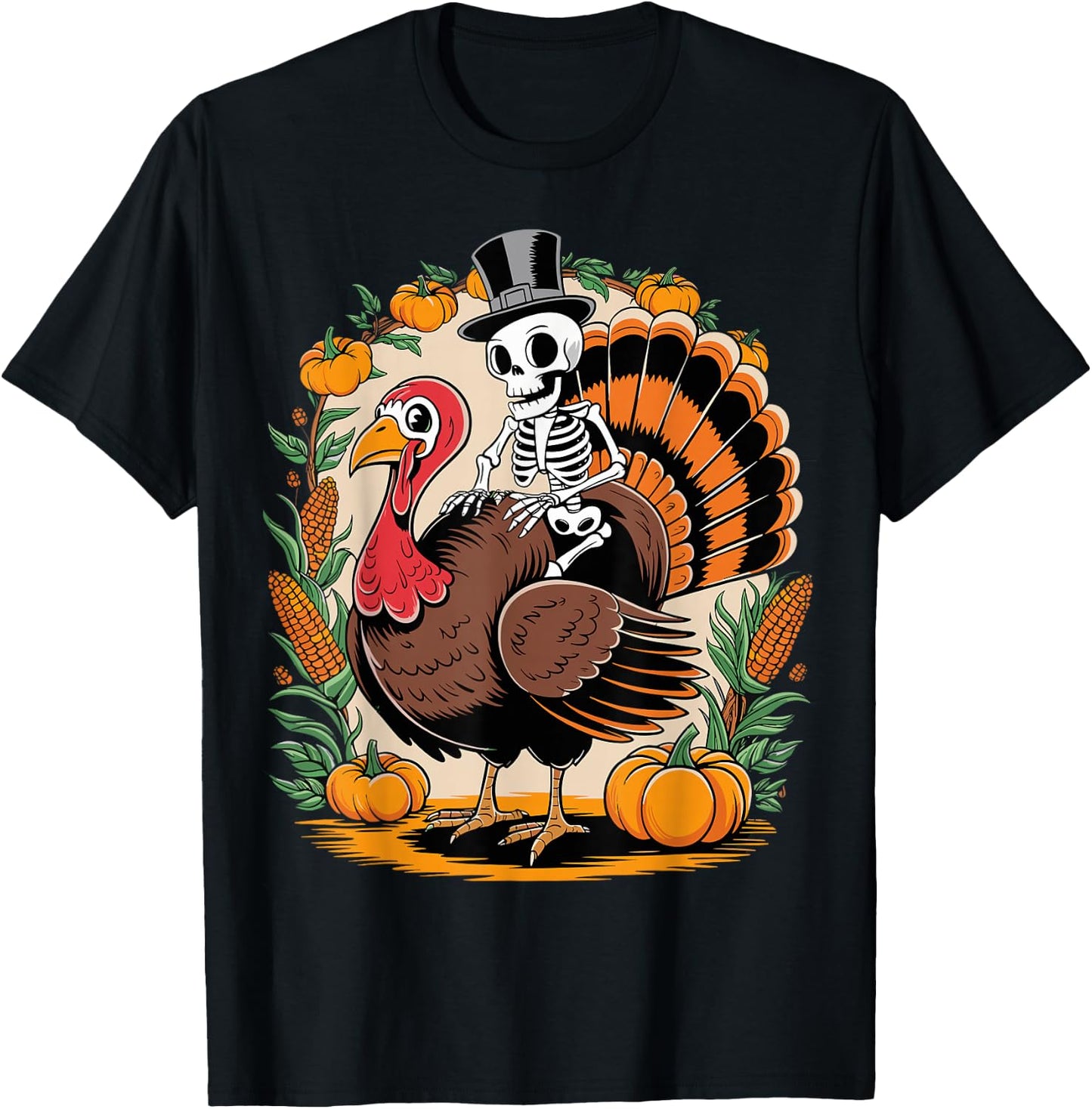 Skeleton Riding Turkey Thanksgiving Day Funny Fall Autumn T-Shirt - T-Shirt | Black